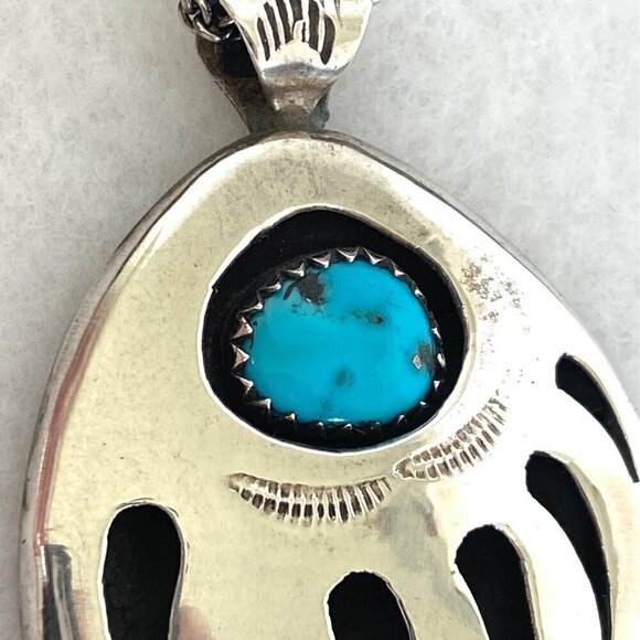 VTG Sterling Silver 925 Southwest Bear Pawn Shadowbox Turquoise Pendant Necklace - Picture 5 of 16